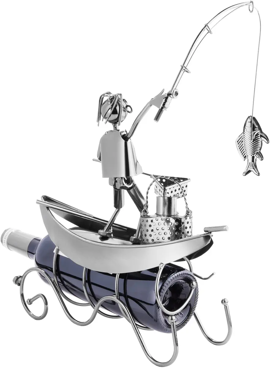 BRUBAKER Fisherman on a Boat Metal Wine Bottle Holder Statue Sculpture | 30.5 cm (11.8") L x 36.6 cm (14.6") H x 10.9 cm (4.3") W - view 2