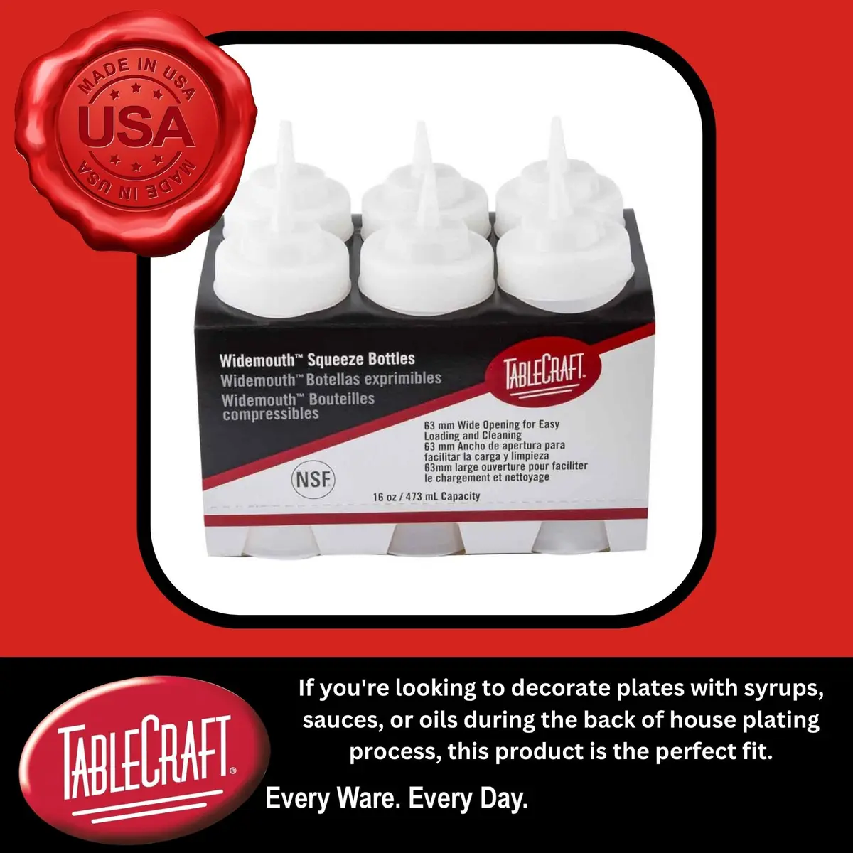 TableCraft 16 Ounce (473ml) White Polyethylene Squeeze Bottles, Pack of 6 | Easy Fill & Clean Condiment Bottles - view 3