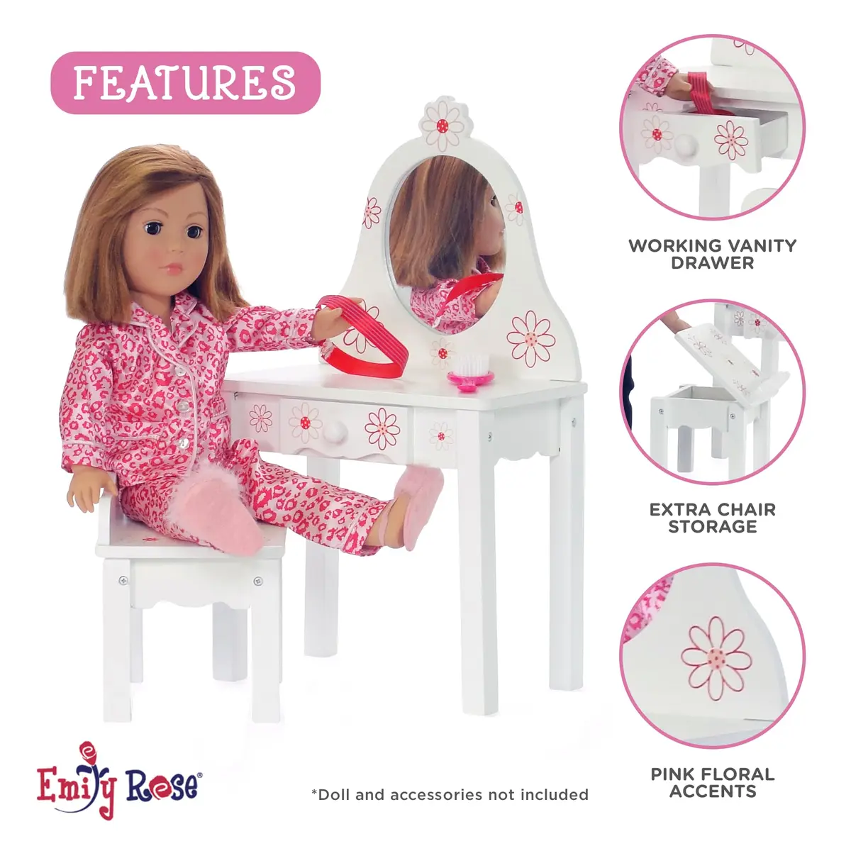 Emily Rose 18 Inch Doll Vanity & Bench Set with Storage – Realistic Wooden Furniture for Dolls - view 4