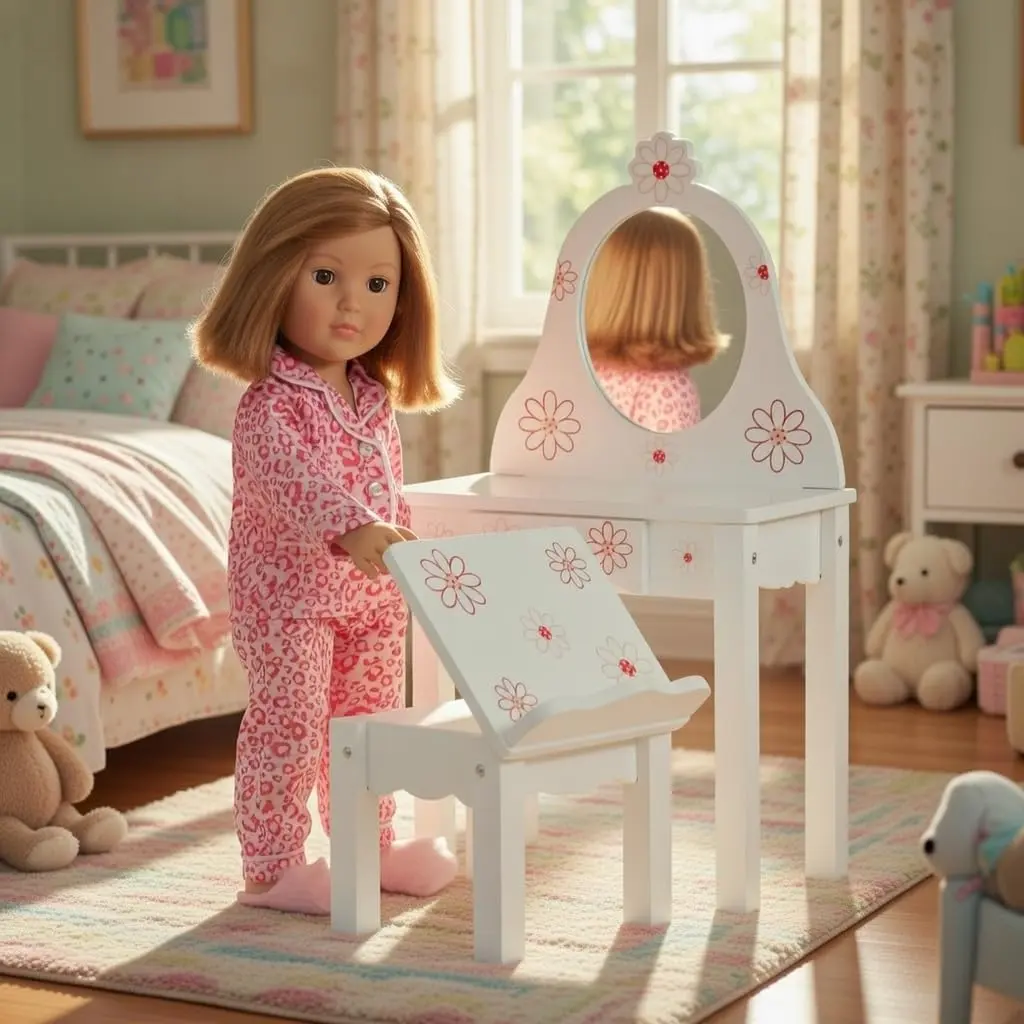 Emily Rose 18 Inch Doll Vanity & Bench Set with Storage – Realistic Wooden Furniture for Dolls - view 5
