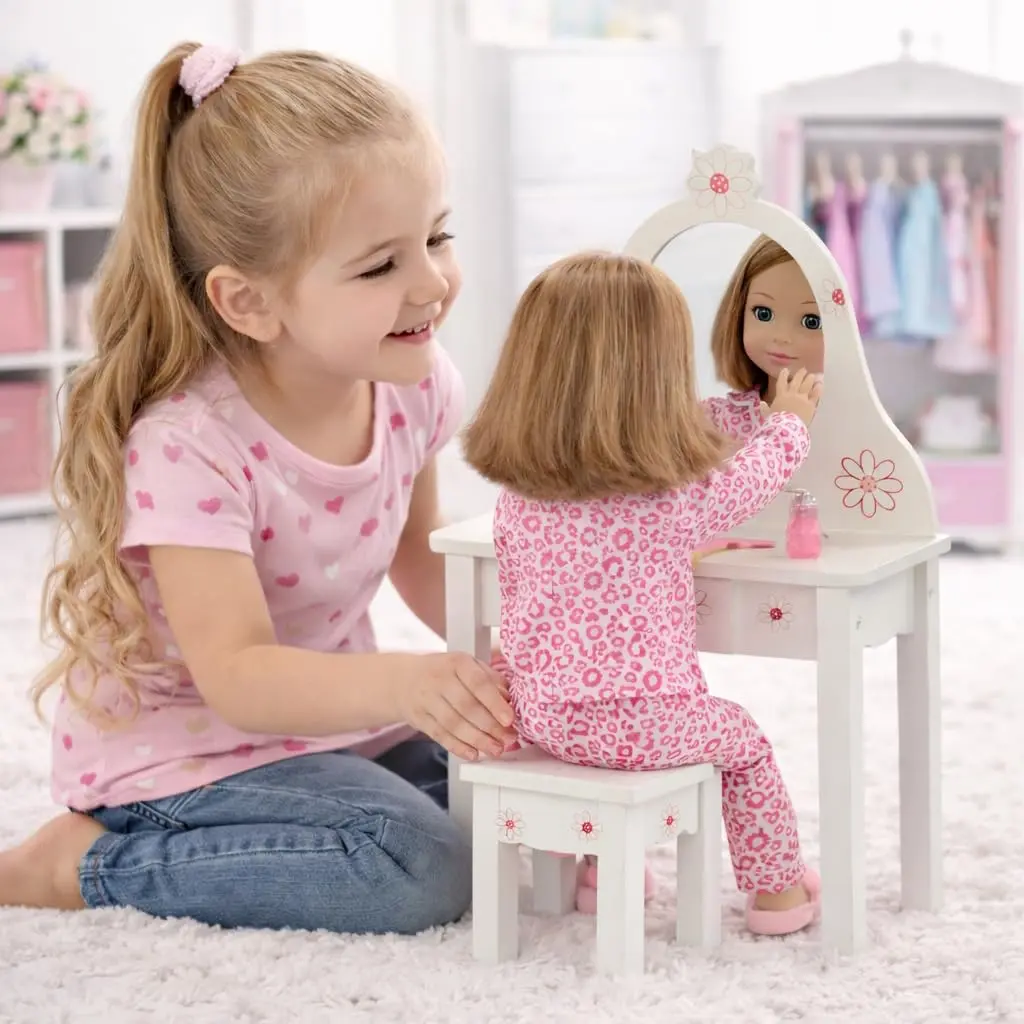 Emily Rose 18 Inch Doll Vanity & Bench Set with Storage – Realistic Wooden Furniture for Dolls - view 2