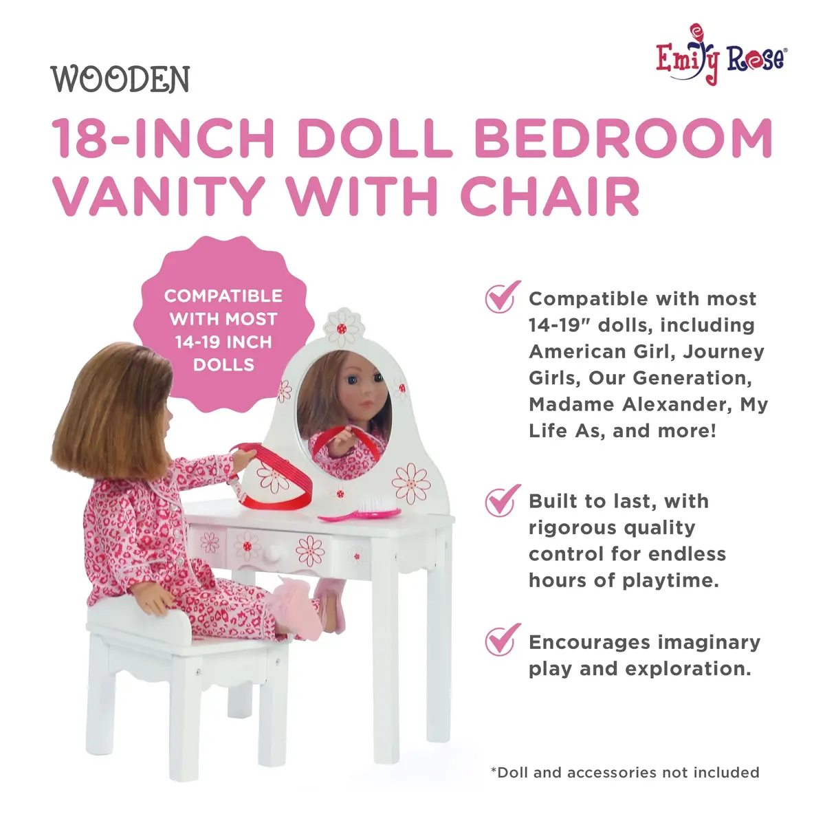 Emily Rose 18 Inch Doll Vanity & Bench Set with Storage – Realistic Wooden Furniture for Dolls - view 3