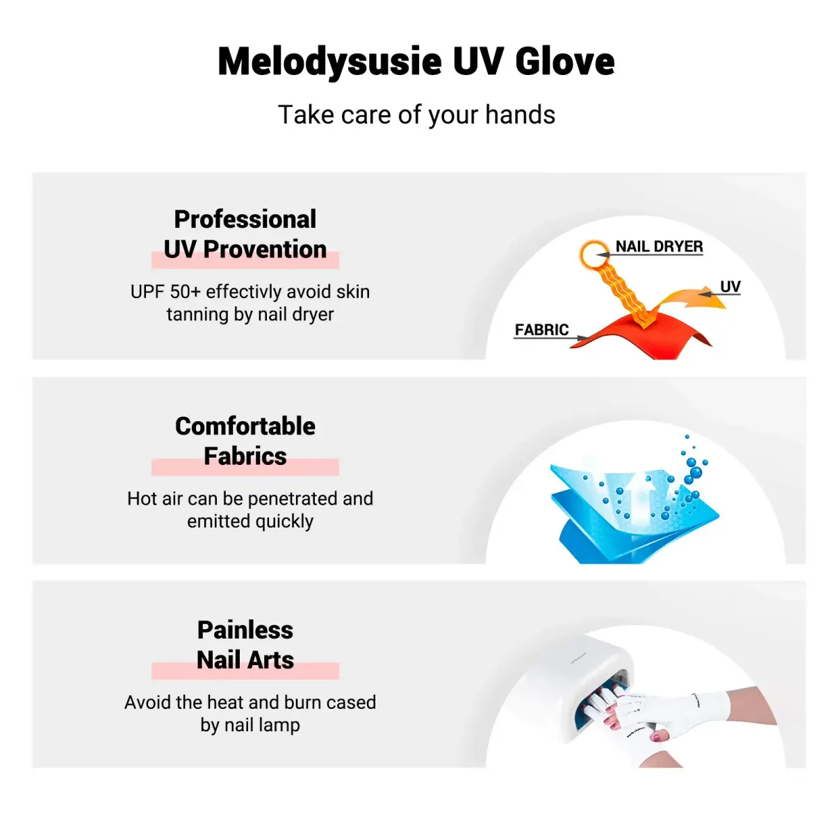 MelodySusie UV Gloves for Gel Nail Lamp, Professional UPF50+ UV Protection Fingerless Gloves (White) | Protects Hands from UV Harm - view 4