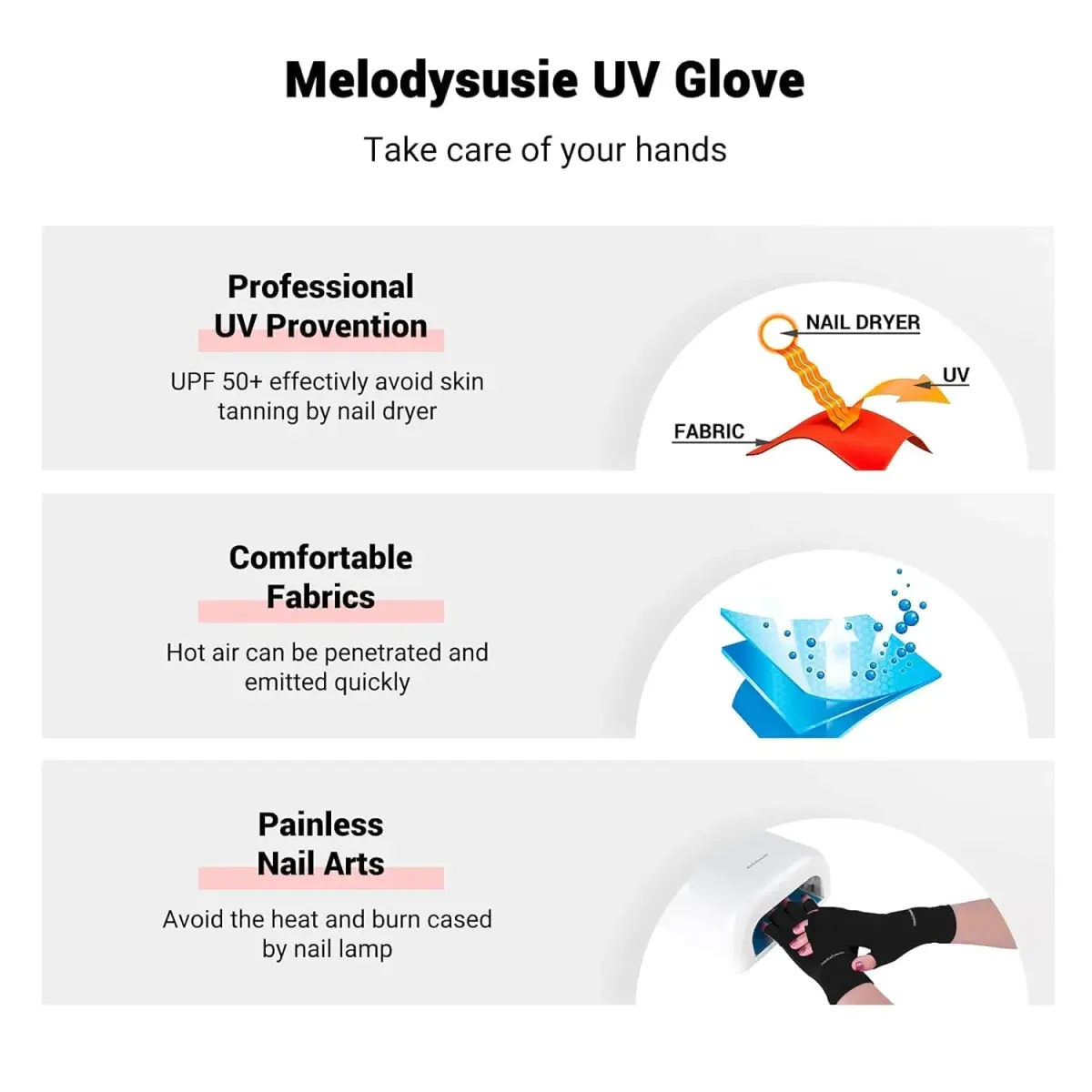 MelodySusie UV Protection Gloves for Gel Nail Lamp, Fingerless UPF 50+ Black | Protects Hands from UV Dryer Harm - view 3