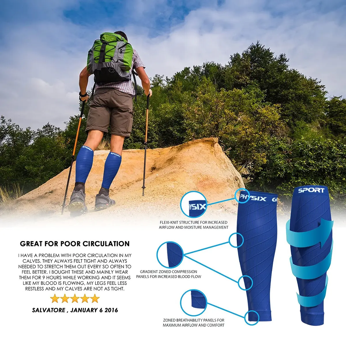 Physix Gear Sport Calf Compression Sleeves (Blue, S/M) | Graduated Compression for Running & Shin Splint Support - view 3