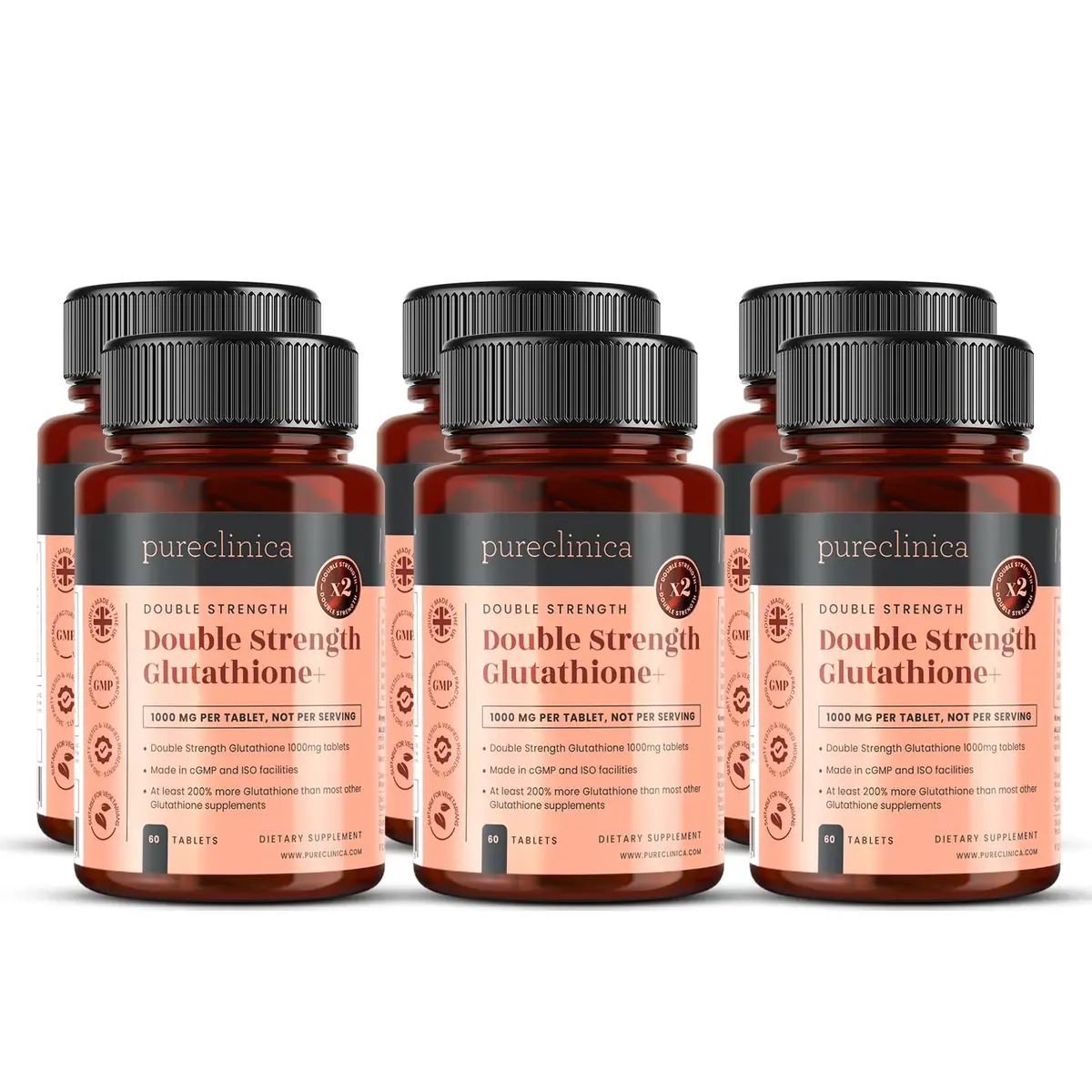 Pureclinica Glutathione 1000mg Tablets | High-Potency Antioxidant Support in 6 Bottles (360 Tablets) - main product image