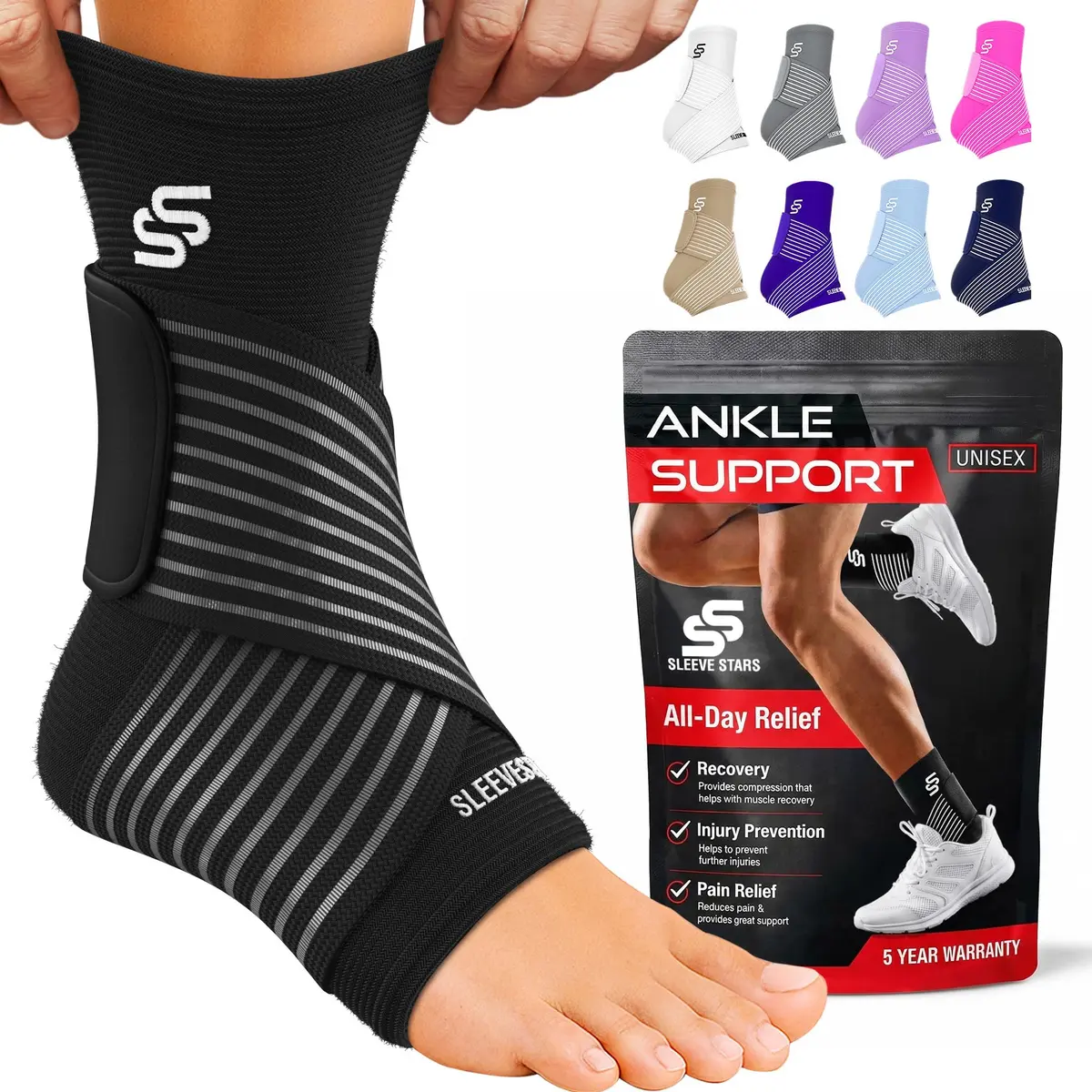 SS Sleeve Stars Black Adjustable Ankle Brace with Figure 8 Strap, Medium (10"-12") | FDA Approved Support for Sprains & Plantar Fasciitis - main product image