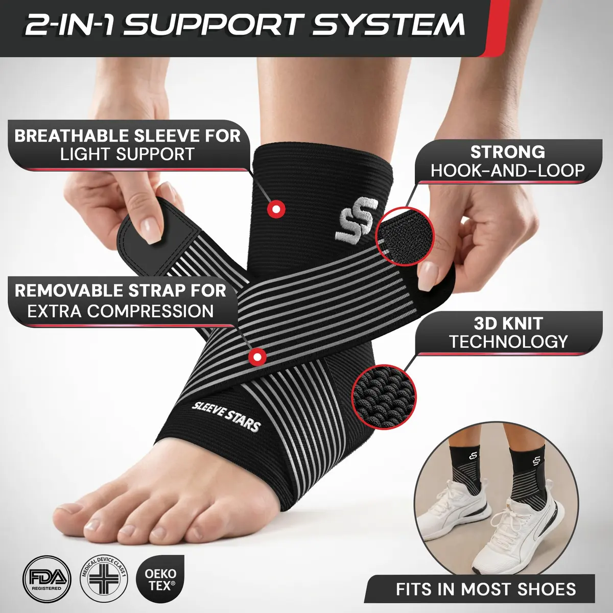 SS Sleeve Stars Black Adjustable Ankle Brace with Figure 8 Strap, Medium (10"-12") | FDA Approved Support for Sprains & Plantar Fasciitis - view 3
