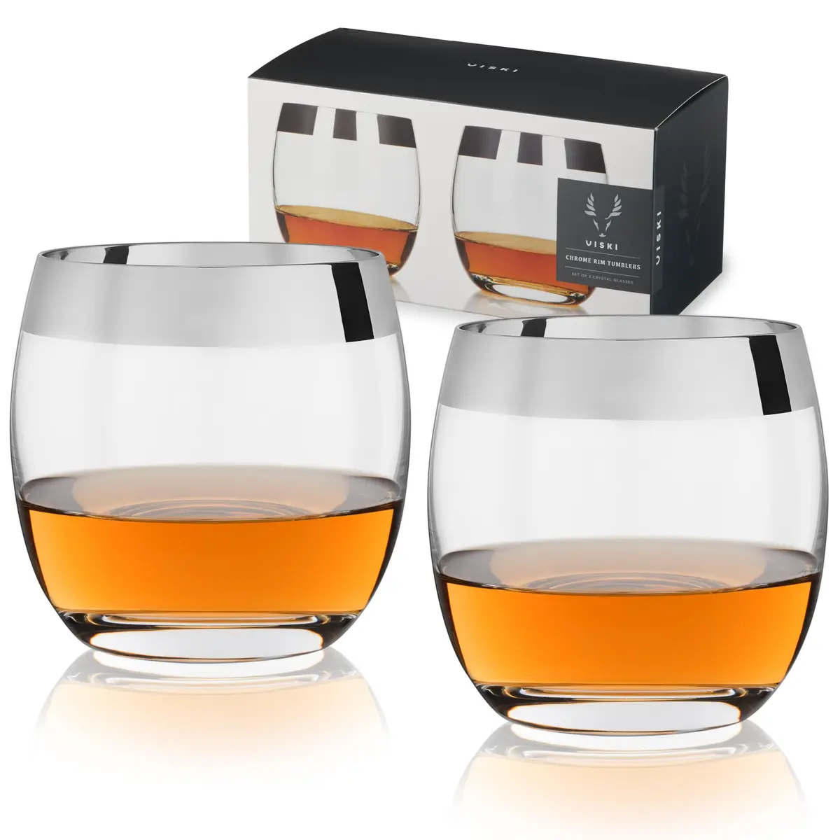 Viski Irving Chrome Rim Crystal Lowball Tumblers Set of 2 | 9 oz Premium Crystal Glass, Stylish Whiskey Glass Gift - main product image