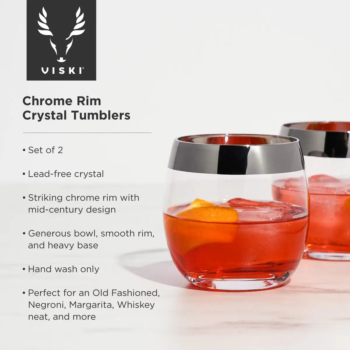 Viski Irving Chrome Rim Crystal Lowball Tumblers Set of 2 | 9 oz Premium Crystal Glass, Stylish Whiskey Glass Gift - view 2