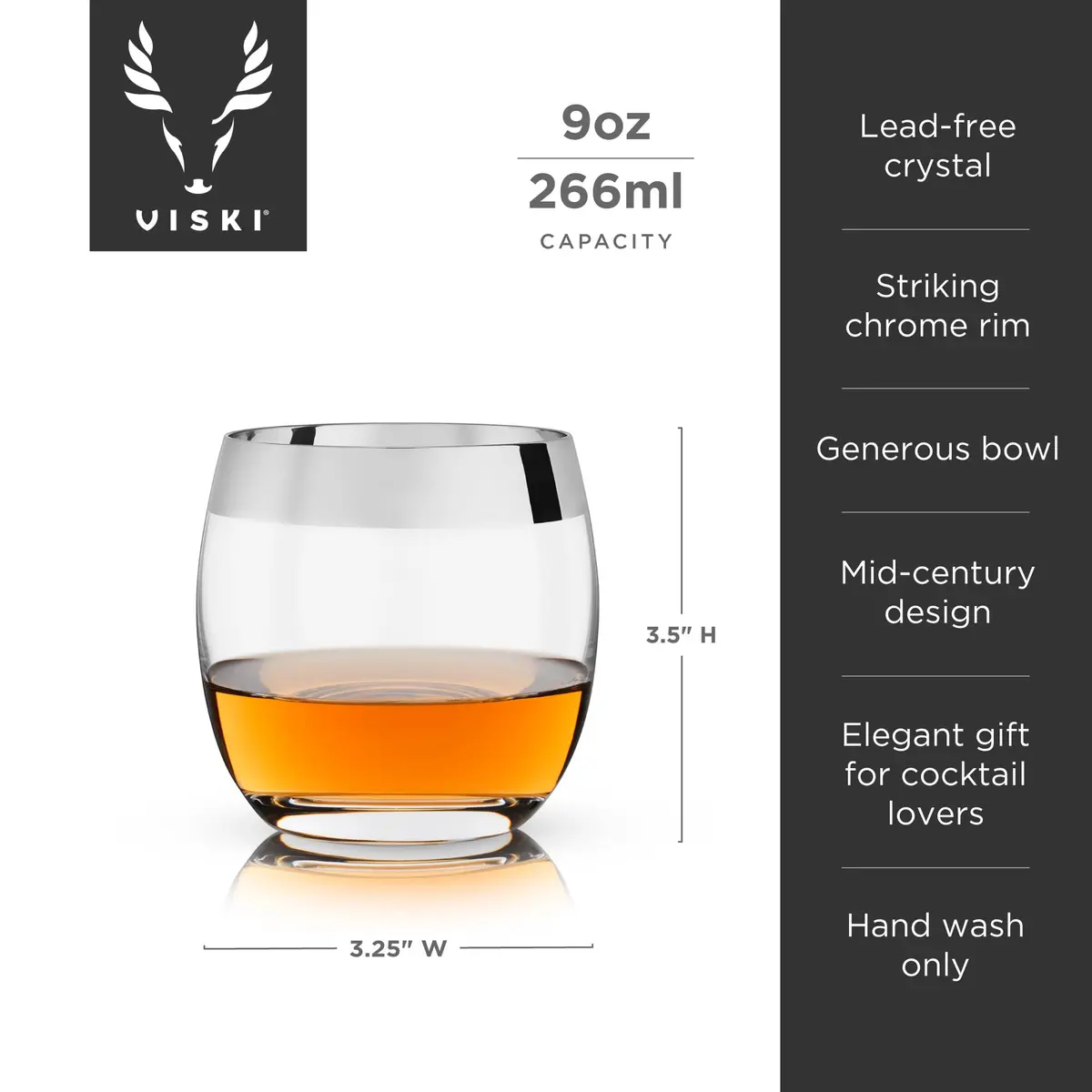 Viski Irving Chrome Rim Crystal Lowball Tumblers Set of 2 | 9 oz Premium Crystal Glass, Stylish Whiskey Glass Gift - view 3