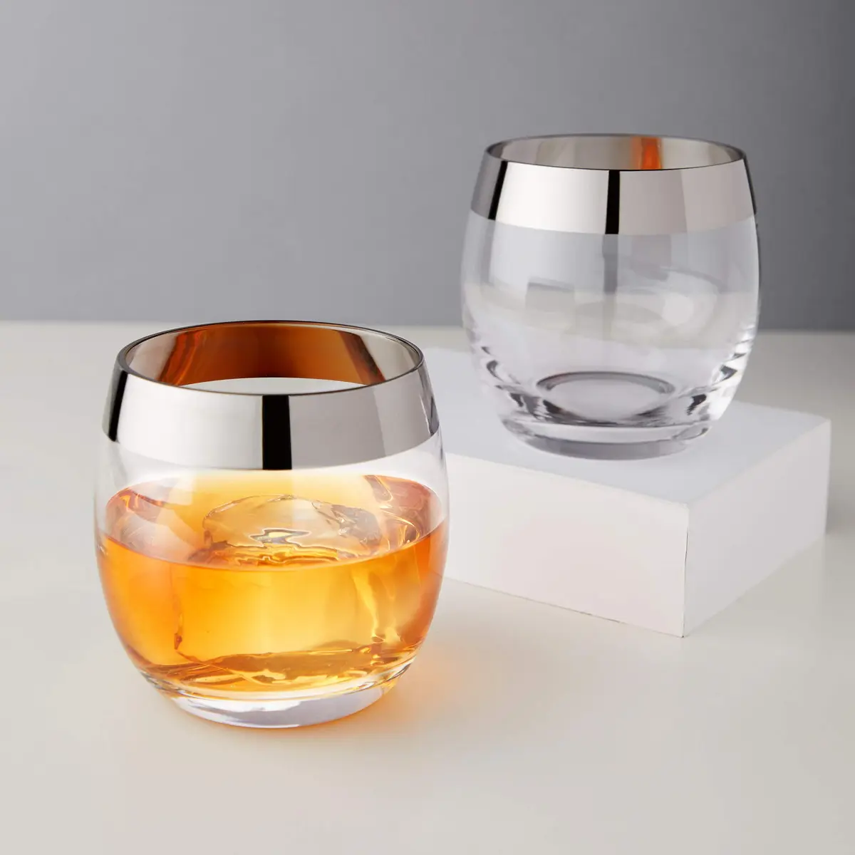 Viski Irving Chrome Rim Crystal Lowball Tumblers Set of 2 | 9 oz Premium Crystal Glass, Stylish Whiskey Glass Gift - view 4