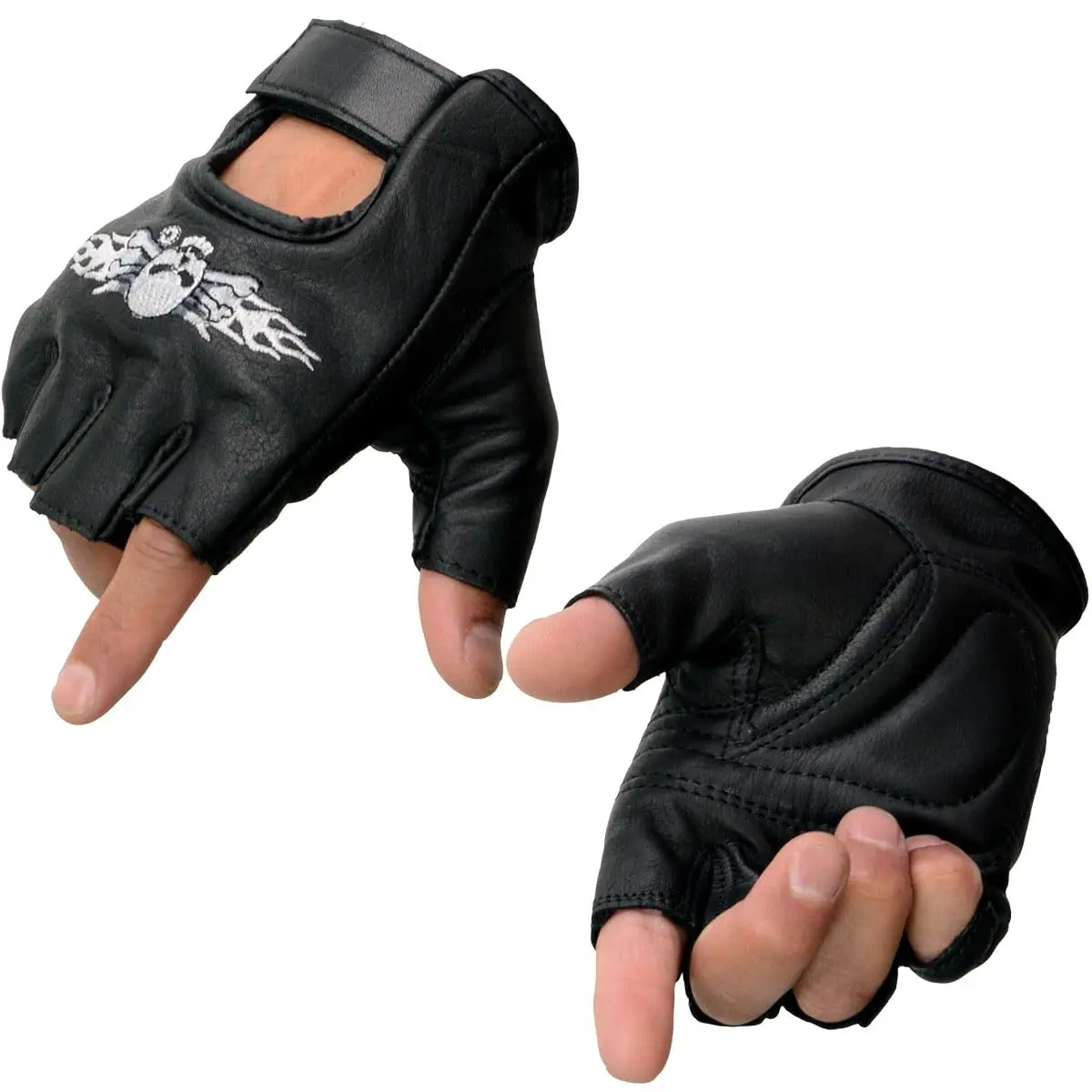 Milwaukee Leather SH353 Men's Black Leather Fingerless Motorcycle Gloves | Gel Padded Palm & Skull & Bones Embroidery - main product image