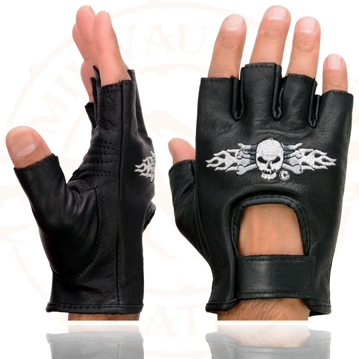 Milwaukee Leather SH353 Men's Black Leather Fingerless Motorcycle Gloves | Gel Padded Palm & Skull & Bones Embroidery - view 2