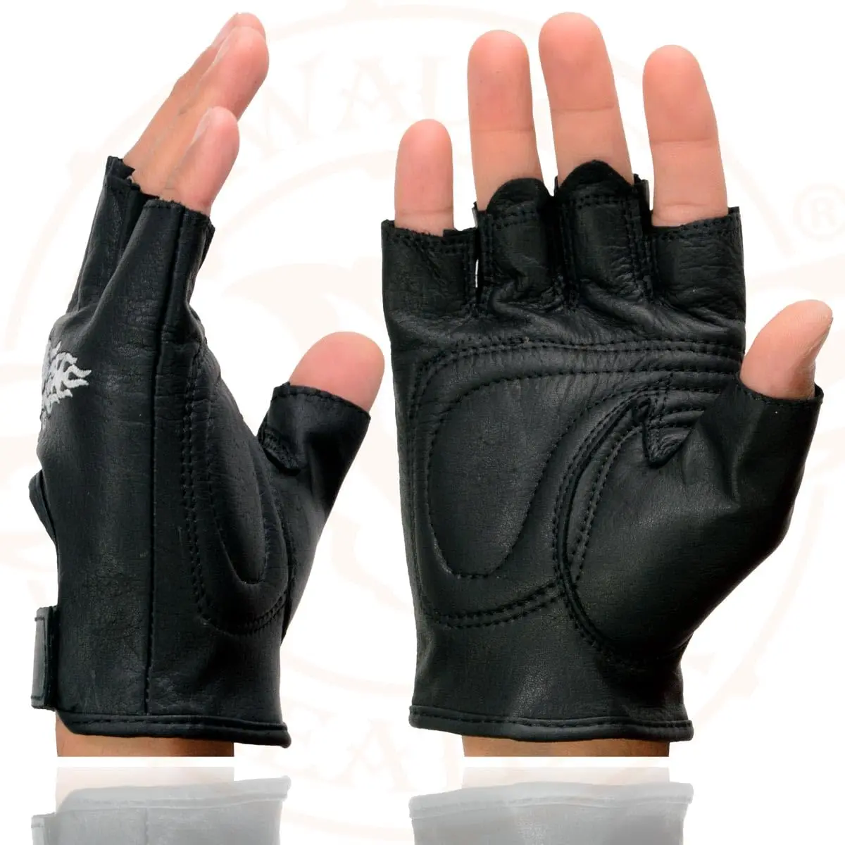 Milwaukee Leather SH353 Men's Black Leather Fingerless Motorcycle Gloves | Gel Padded Palm & Skull & Bones Embroidery - view 4