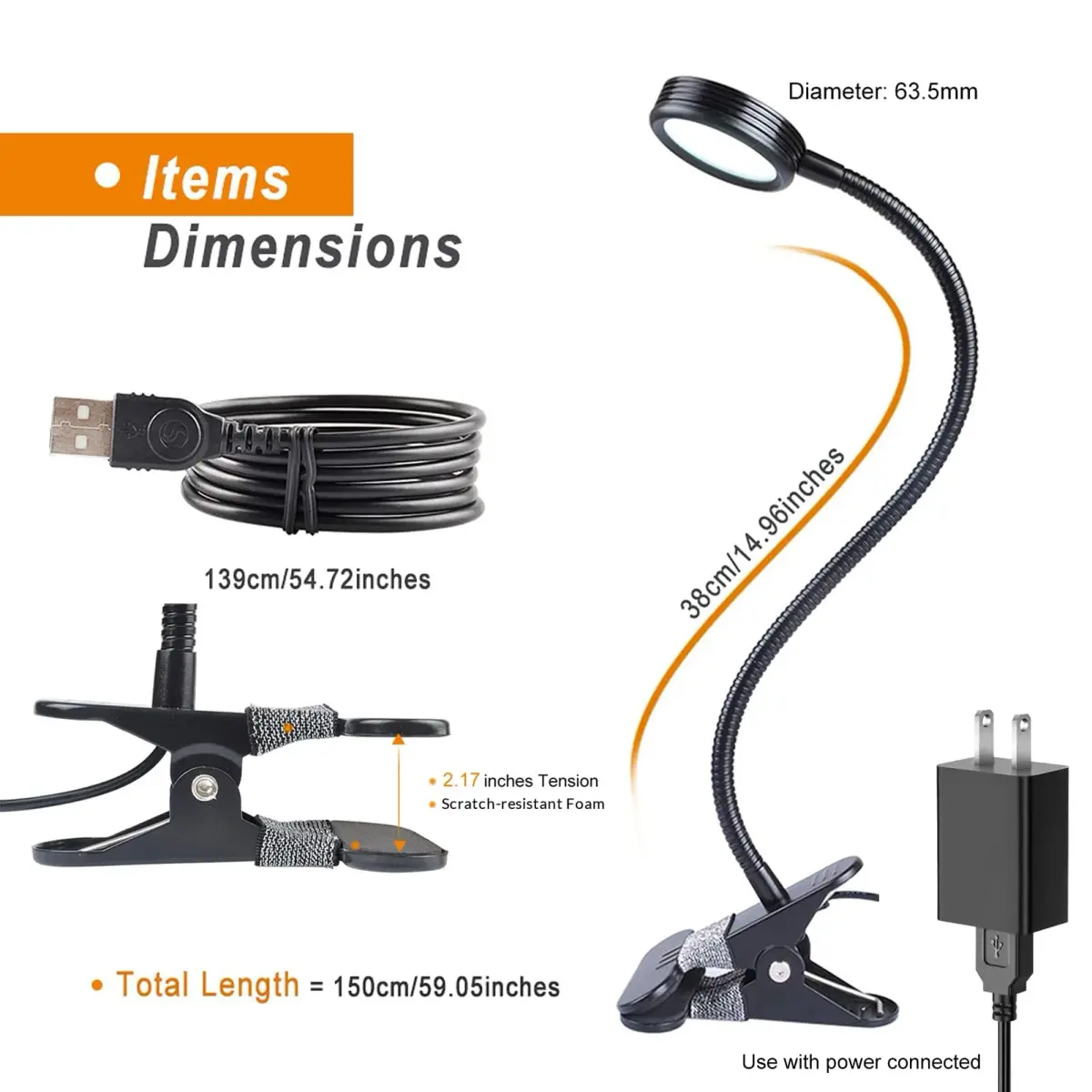 LEPOWER Clip on Light, Reading Lamp with Adjustable Gooseneck & Adapter, Black | 11 cm (4.33 in) x 7.5 cm (2.95 in) x 48.5 cm (19.1 in) - view 5