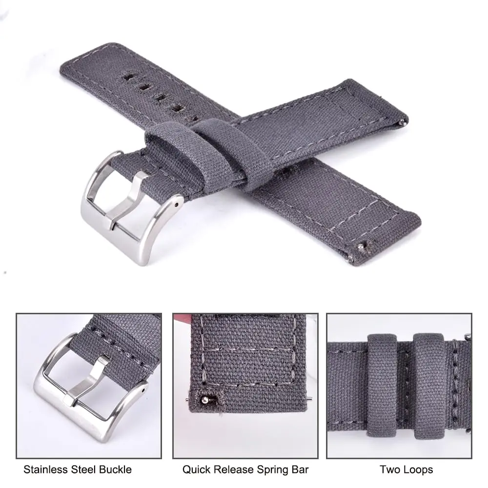 Ritche 22mm Canvas Watch Band Replacement | Quick Release, Vintage Style, Breathable Cotton (160mm) | Suitable for Men & Women - view 4