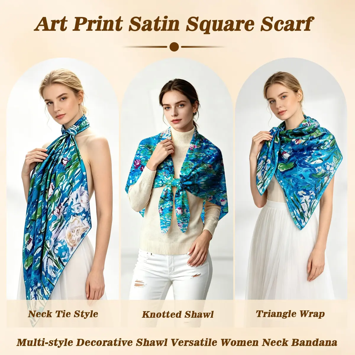 Salutto Women Square Scarf Silk Blue Lotus Virgin Printed Mulberry Silk Scarves | Artful Van Gogh Design (70-120 chars) - view 7