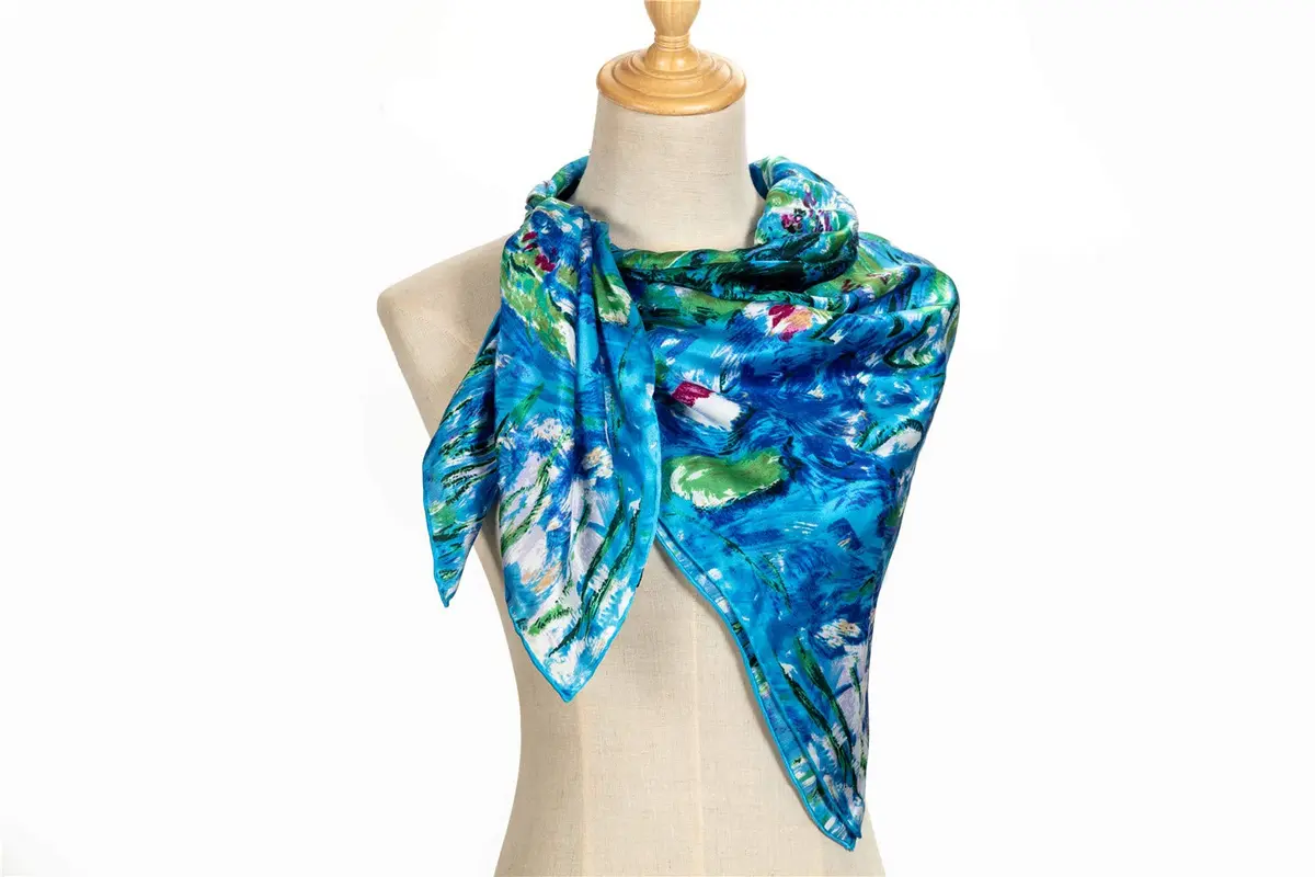 Salutto Women Square Scarf Silk Blue Lotus Virgin Printed Mulberry Silk Scarves | Artful Van Gogh Design (70-120 chars) - view 3