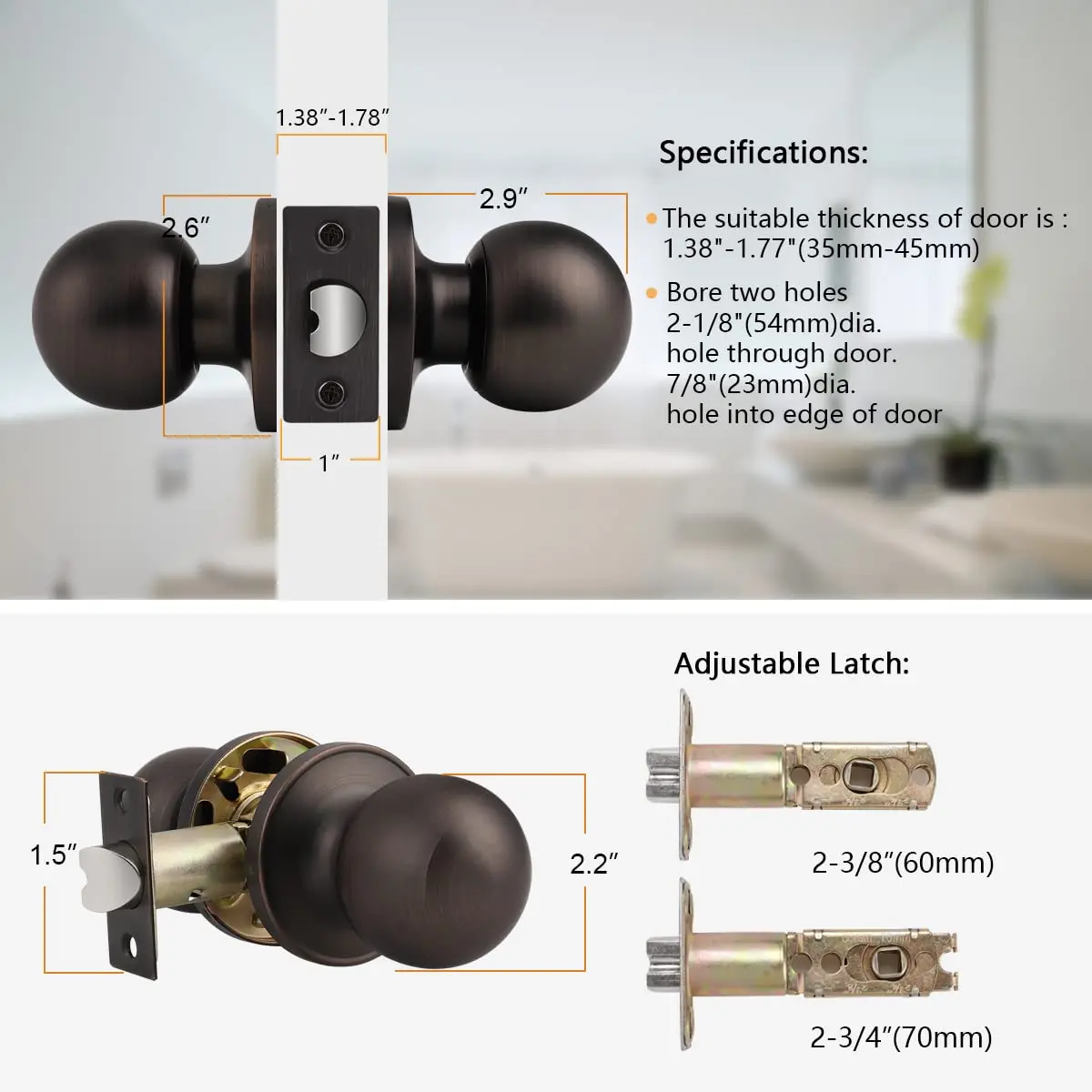 Probrico Passage Door Knobs without Key in Oil Rubbed Bronze, 1 Pack | Adjustable Latch for 2-3/8" or 2-3/4" Backset - view 6