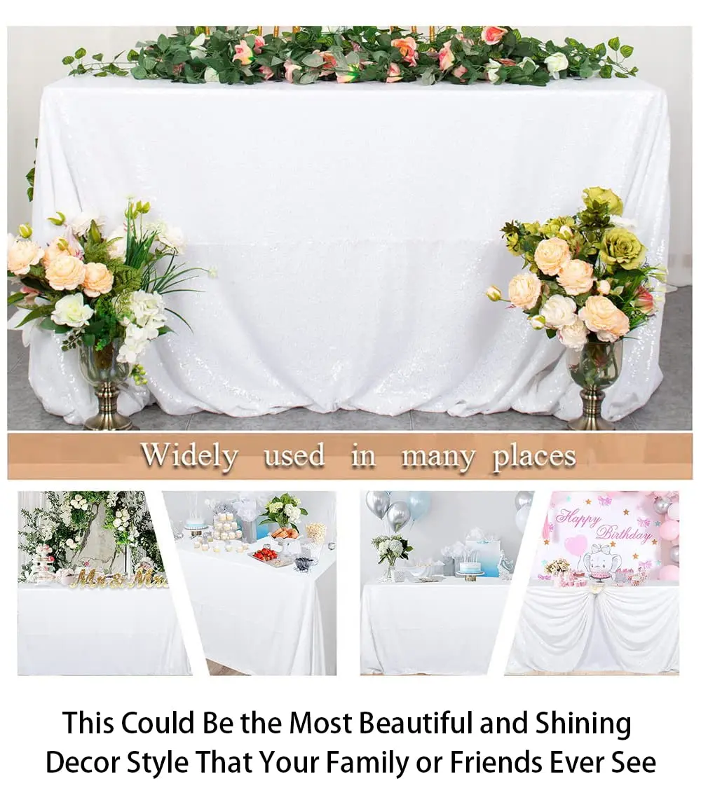 ShinyBeauty White Sequin Tablecloth 60" x 102" | Elegant Wedding & Party Decor - view 6