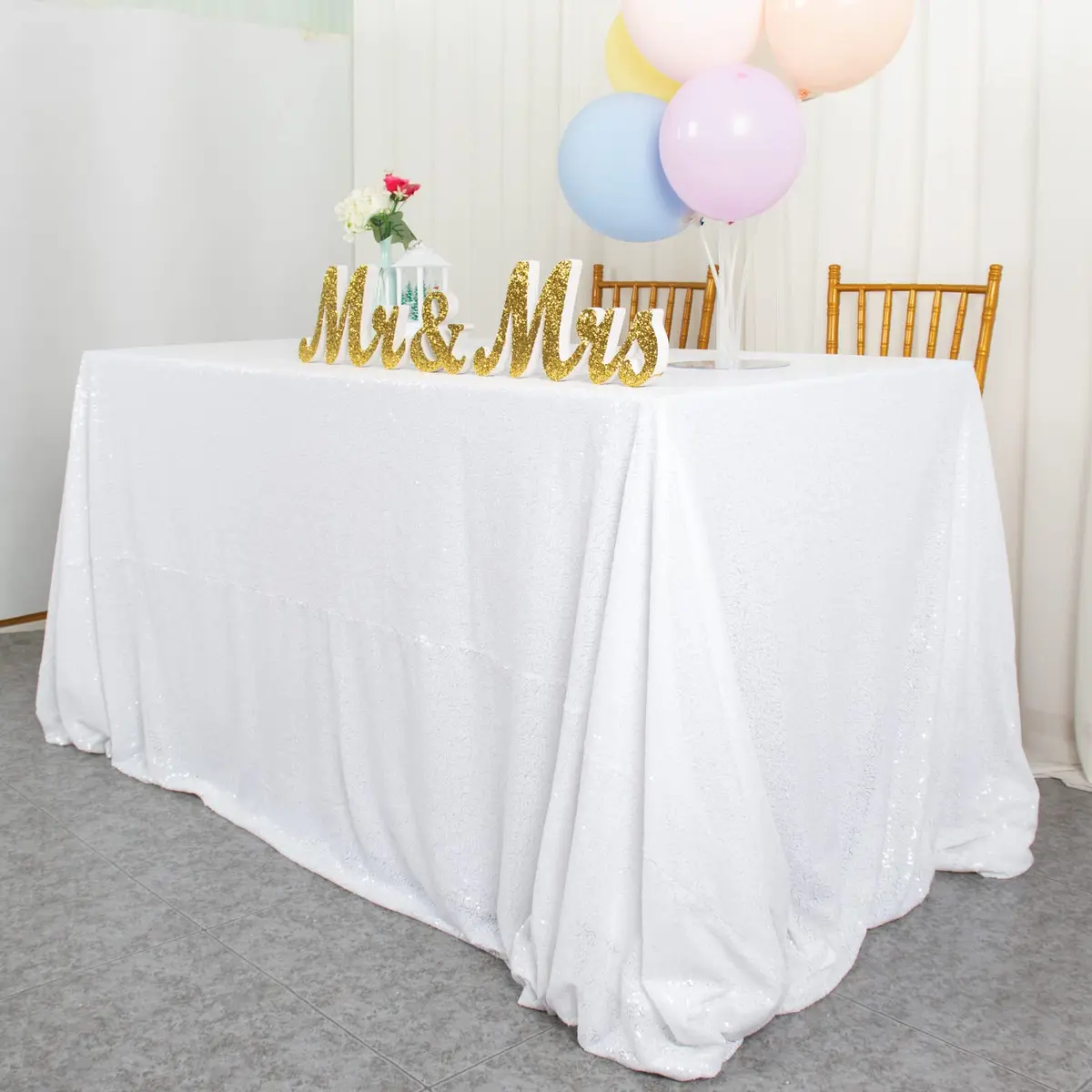 ShinyBeauty White Sequin Tablecloth 60" x 102" | Elegant Wedding & Party Decor - view 7