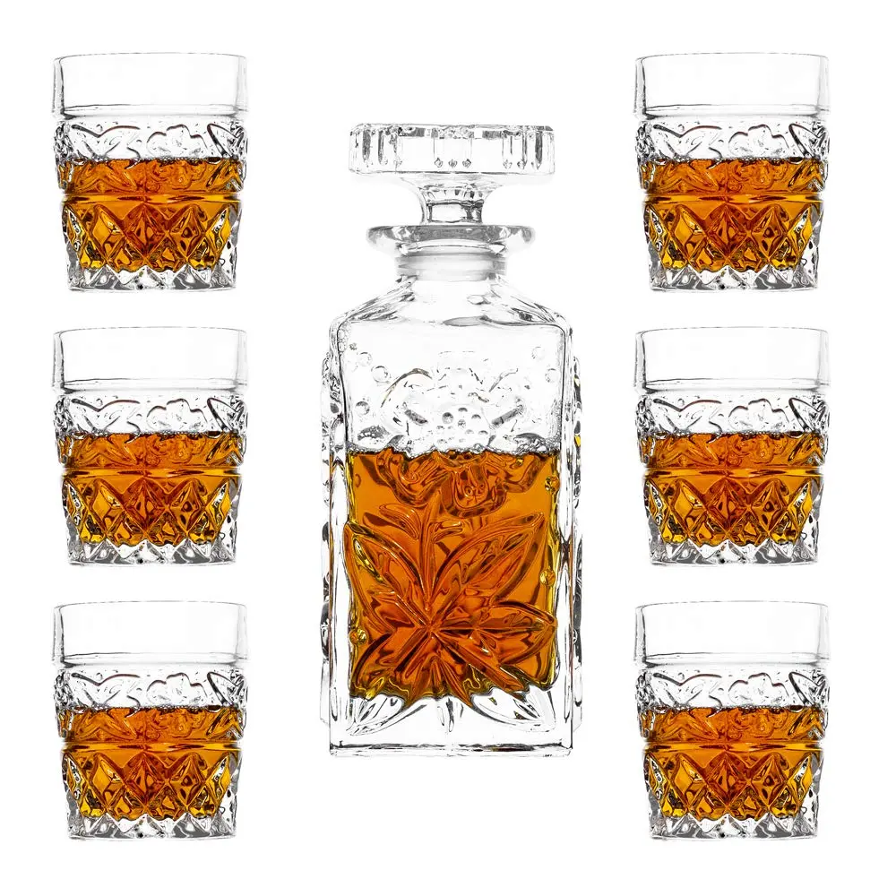 Amlong Crystal Flower Design Crystal Decanter and Glass Set, 7 Pieces | Elegant Floral Gift for Home & Entertaining - view 2