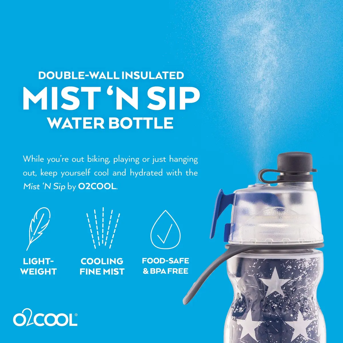 O2COOL Mist N Sip 20 oz (591 ml) Misting Reusable Sports Water Bottle Patriot | Keeps Cold 50% Longer - view 5
