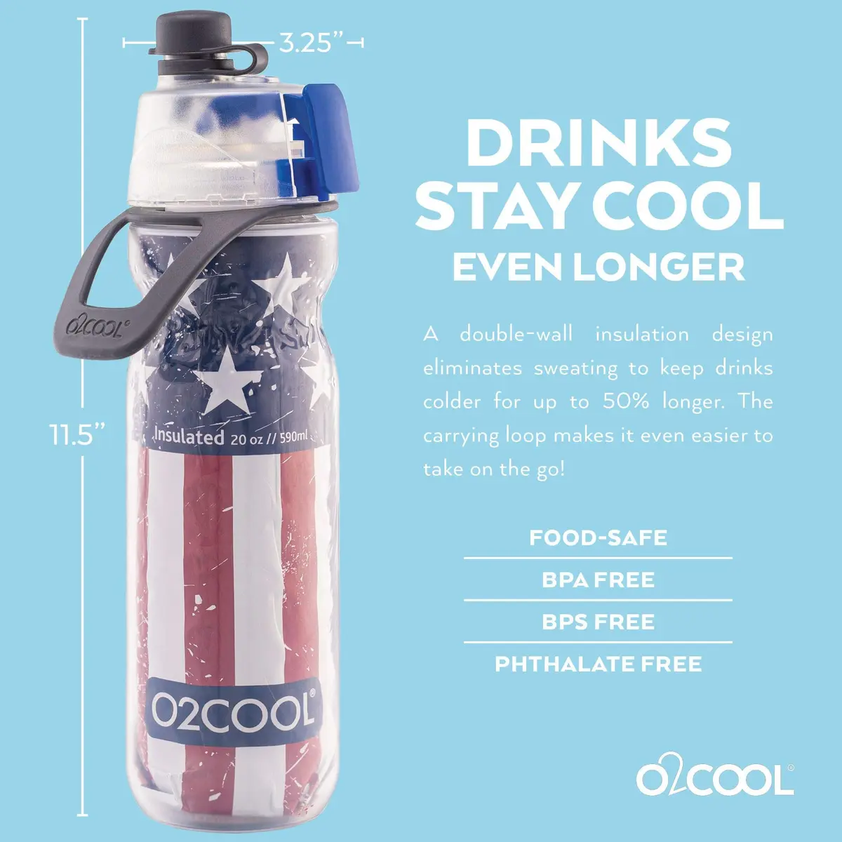 O2COOL Mist N Sip 20 oz (591 ml) Misting Reusable Sports Water Bottle Patriot | Keeps Cold 50% Longer - view 3