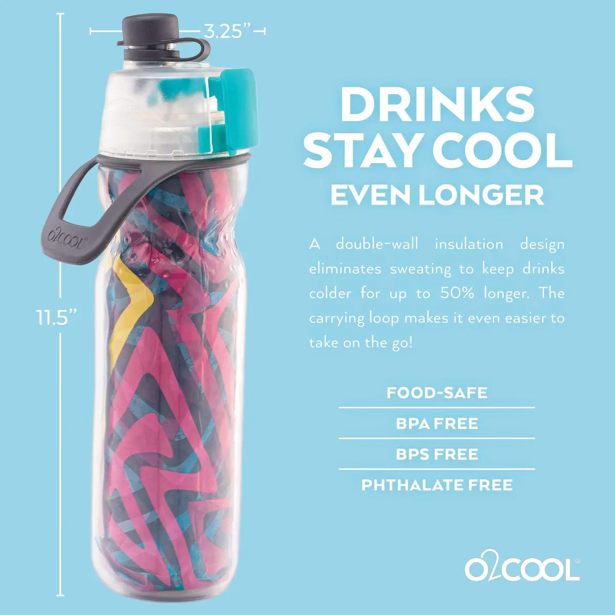 O2COOL Mist N Sip 20 oz Misting Sports Reusable Water Bottle Baseball | Insulated, BPA-Free, Leak-Proof - view 2