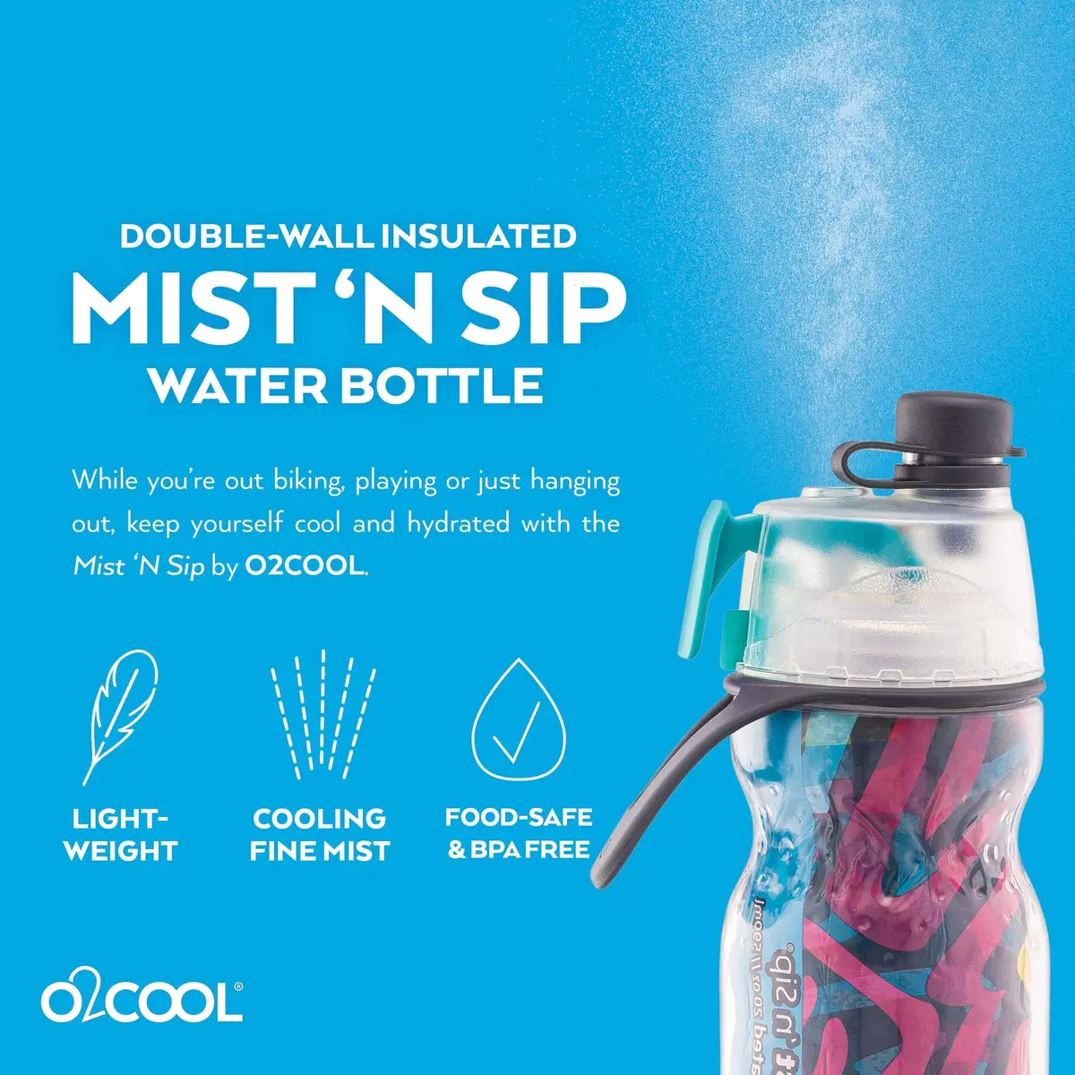 O2COOL Mist N Sip 20 oz Misting Sports Reusable Water Bottle Baseball | Insulated, BPA-Free, Leak-Proof - view 4