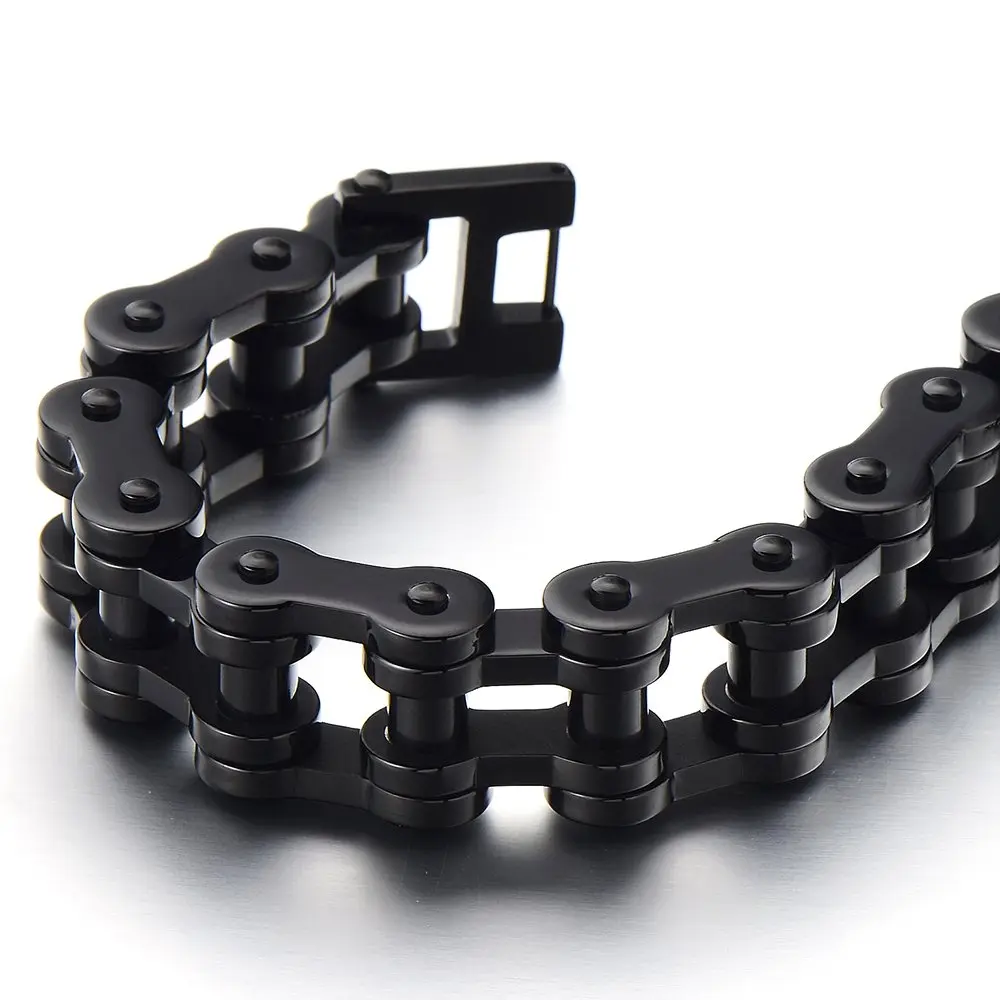 COOLSTEELANDBEYOND Masculine Mens Black Bike Chain Bracelet of Stainless Steel High Polished | Durable, polished finish, 23.5cm long, 146.8g weight - view 5