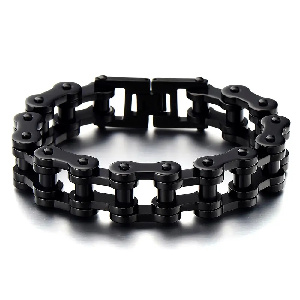 COOLSTEELANDBEYOND Masculine Mens Black Bike Chain Bracelet of Stainless Steel High Polished | Durable, polished finish, 23.5cm long, 146.8g weight - main product image