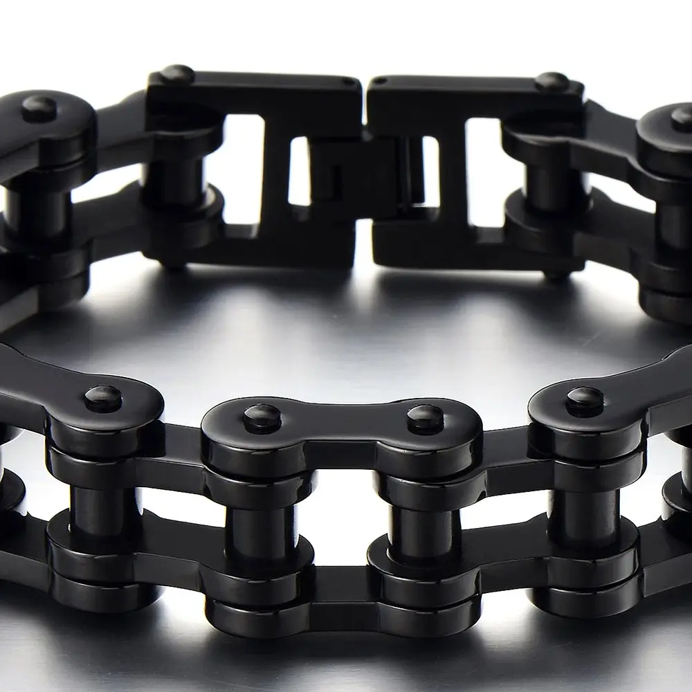 COOLSTEELANDBEYOND Masculine Mens Black Bike Chain Bracelet of Stainless Steel High Polished | Durable, polished finish, 23.5cm long, 146.8g weight - view 2