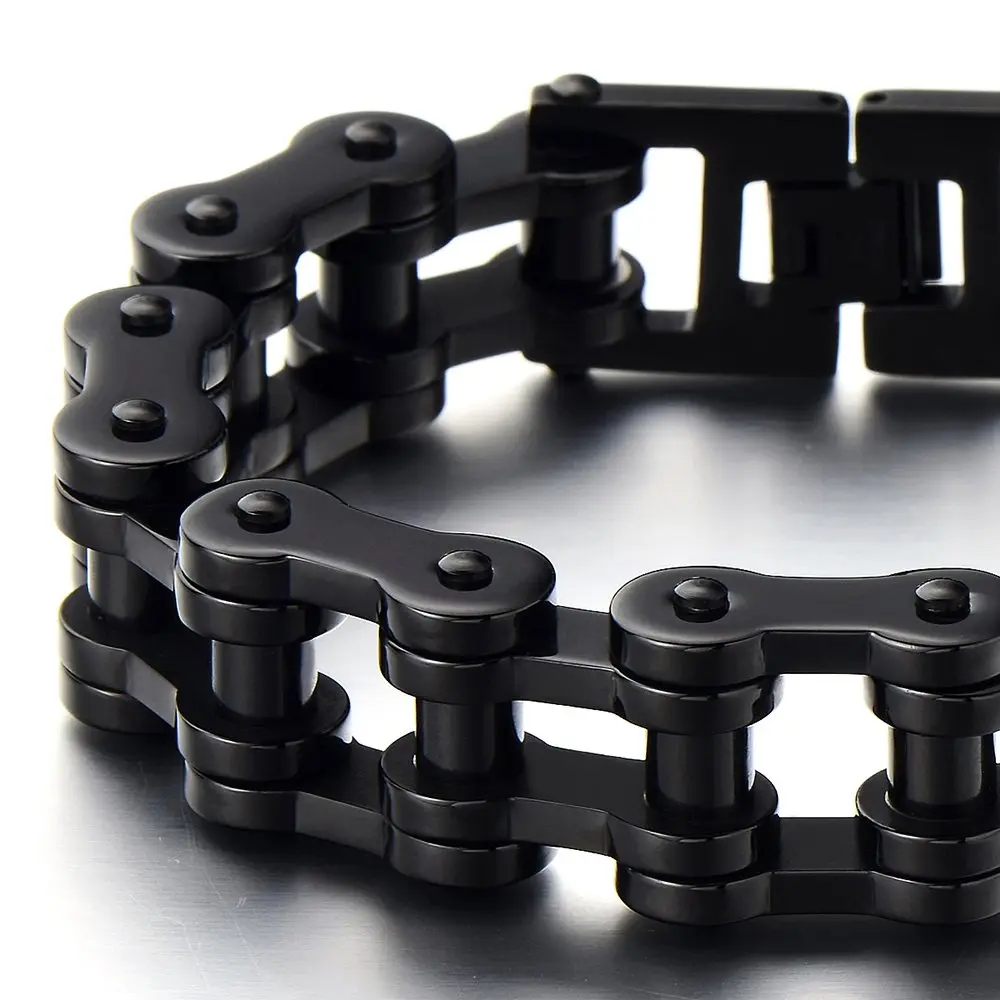 COOLSTEELANDBEYOND Masculine Mens Black Bike Chain Bracelet of Stainless Steel High Polished | Durable, polished finish, 23.5cm long, 146.8g weight - view 3