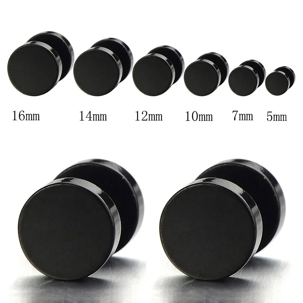 COOLSTEELANDBEYOND 10MM Black Screw Stud Earrings | Unisex Steel Gauge Illusion - view 2