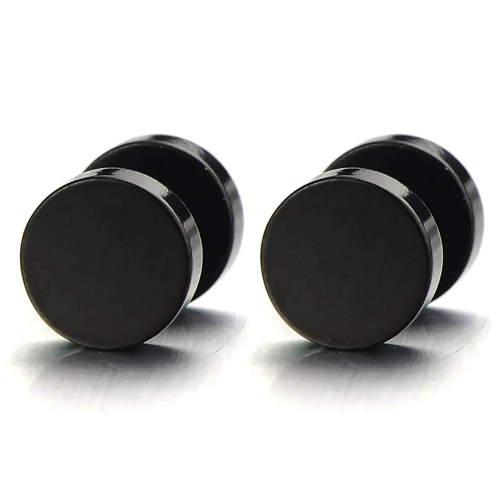 COOLSTEELANDBEYOND Black Fake Plug Earrings for Men Women | Stainless Steel Faux Gauge Stud Earrings 12MM - main product image