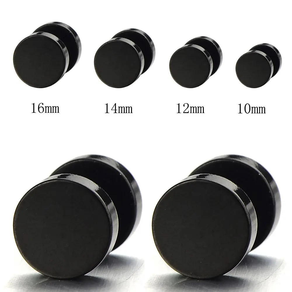 COOLSTEELANDBEYOND Black Fake Plug Earrings for Men Women | Stainless Steel Faux Gauge Stud Earrings 12MM - view 2