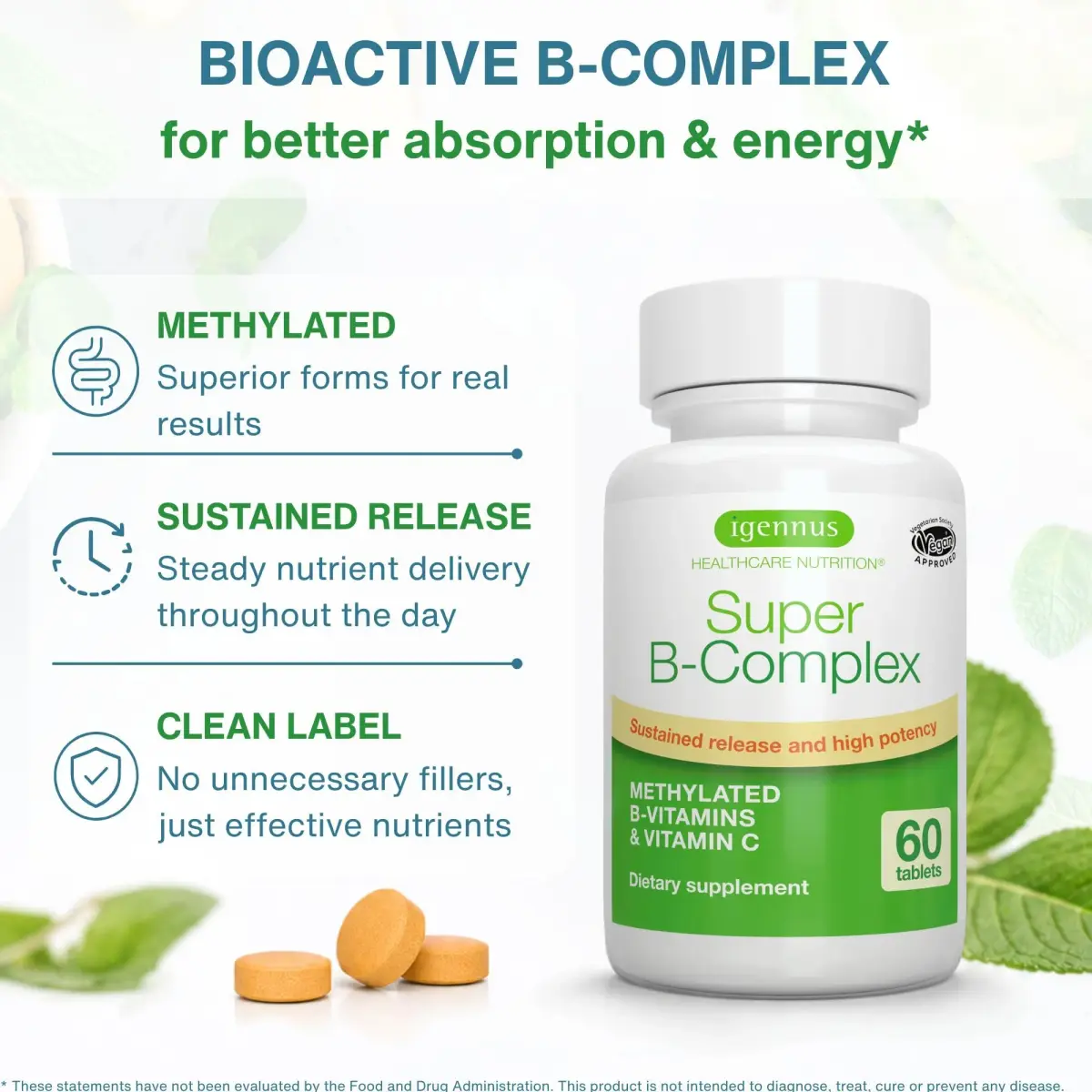 Igennus High Absorption Super B-Complex Tablets 60 Count (2 Month Supply) | Methylated B Vitamins for Energy & Mood - view 2