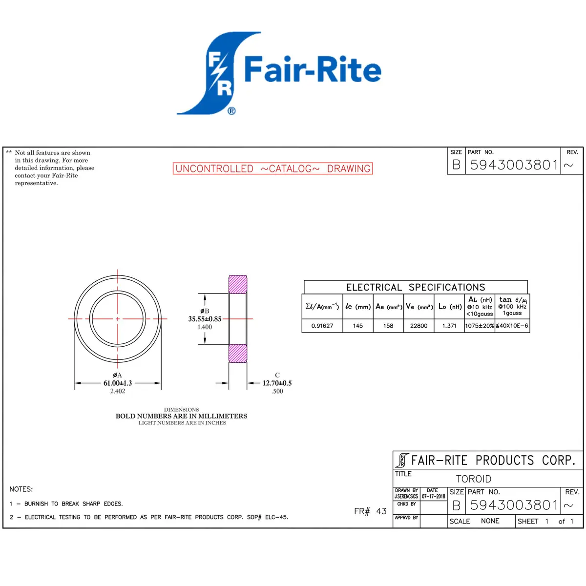 Fair-Rite Toroid Core FT240-43 Ferrite | Wideband, RFI Suppression, 2.40 inch OD - view 2