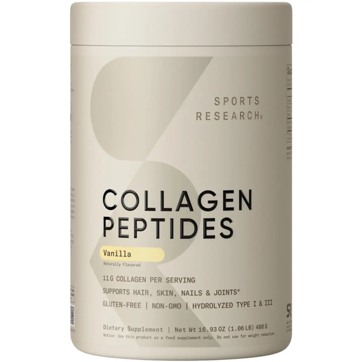Sports Research Vanilla Collagen Peptides Protein Powder 480g (16.93oz) | 11g Type I & III Collagen per Scoop for Hair, Skin & Joints - main product image