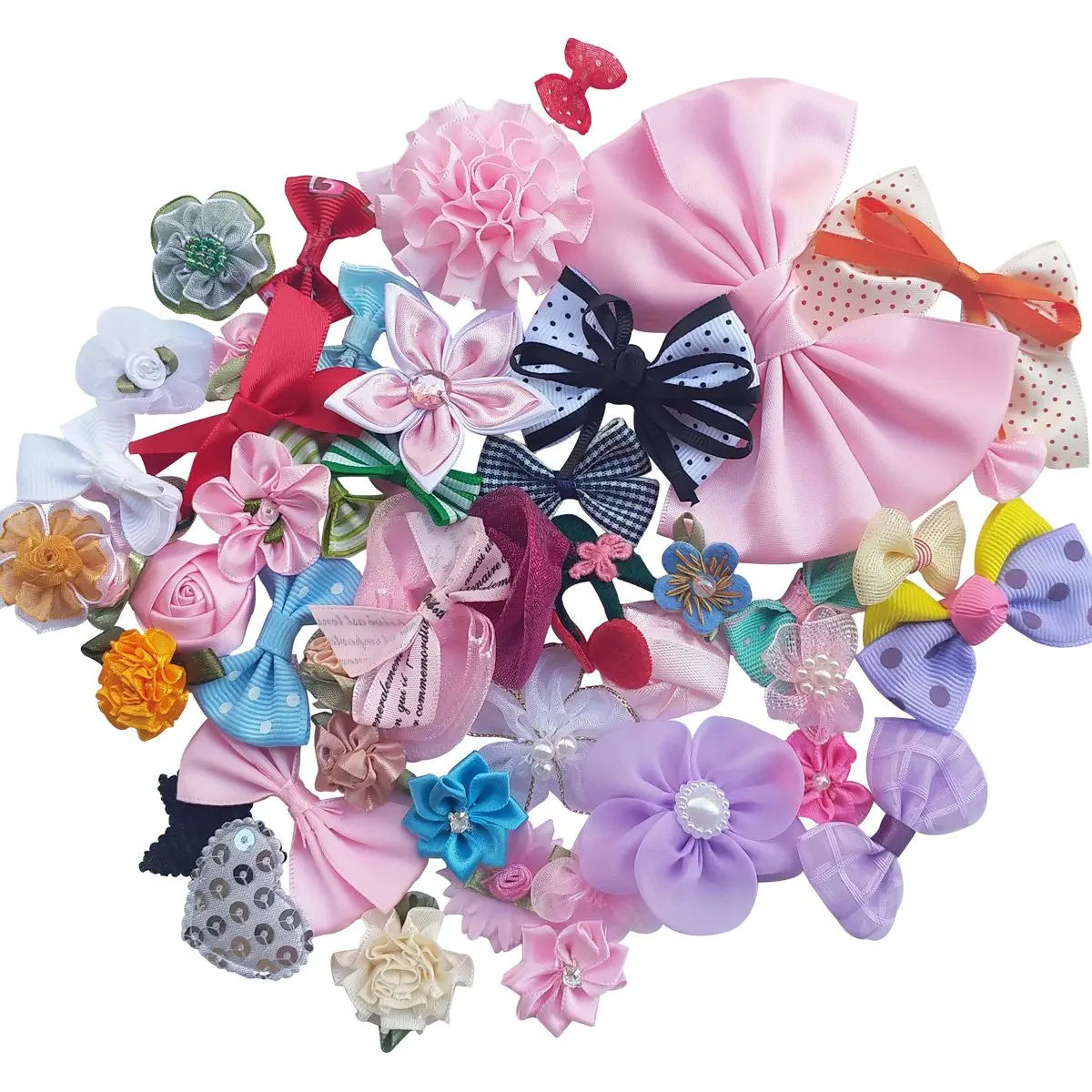 Chenkou Craft Mix Bulk 50pcs Ribbon Flowers Bows Craft Wedding Ornament Appliques | Satin, Mix, 14x1cm - view 3
