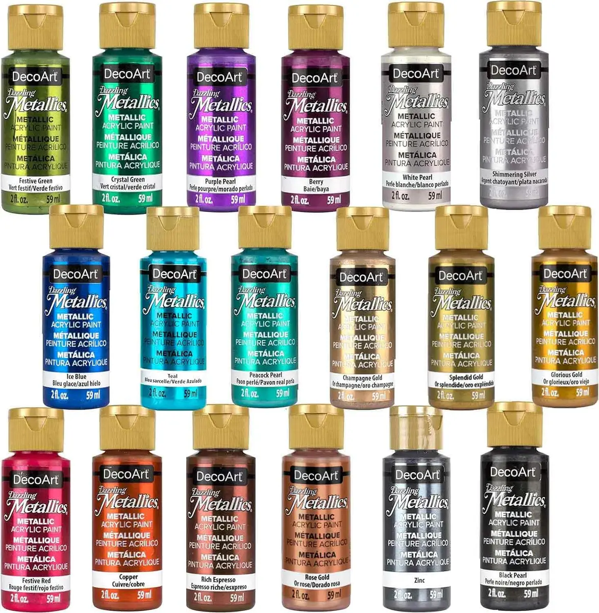 DecoArt Americana Acrylics Dazzling Metallics Paint Set 18 Colors 2 fl oz (50ml) Bottles | Non-Toxic Water-Based Craft Paint - main product image