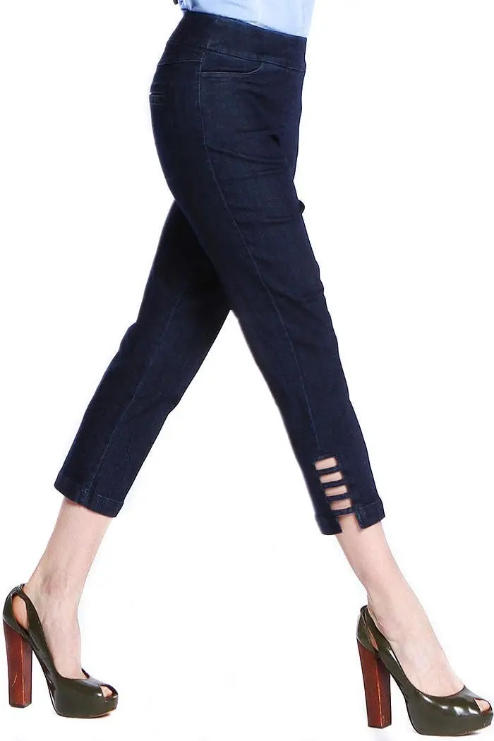 SLIM-SATION Women's Pull-On Crop Pants, Tummy Control, Slim Fit, Denim, 14 | Comfortable Slimming Fit with Tummy Support - main product image