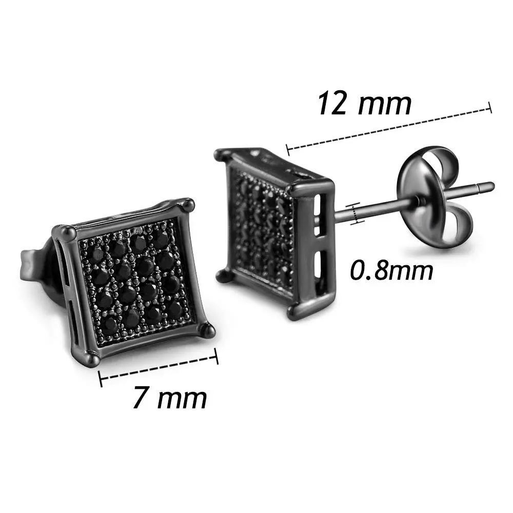 Tarsus 7mm Mens Square Earrings Black Stud Diamond Crystal | Stainless Steel - view 5