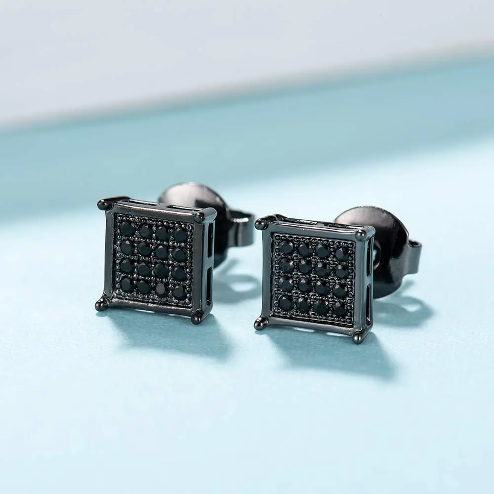 Tarsus 7mm Mens Square Earrings Black Stud Diamond Crystal | Stainless Steel - view 2