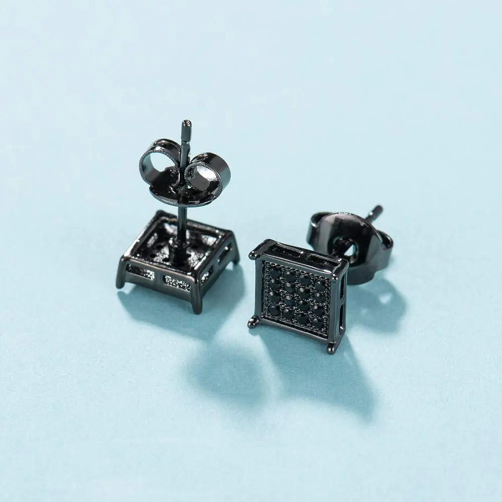 Tarsus 7mm Mens Square Earrings Black Stud Diamond Crystal | Stainless Steel - view 3