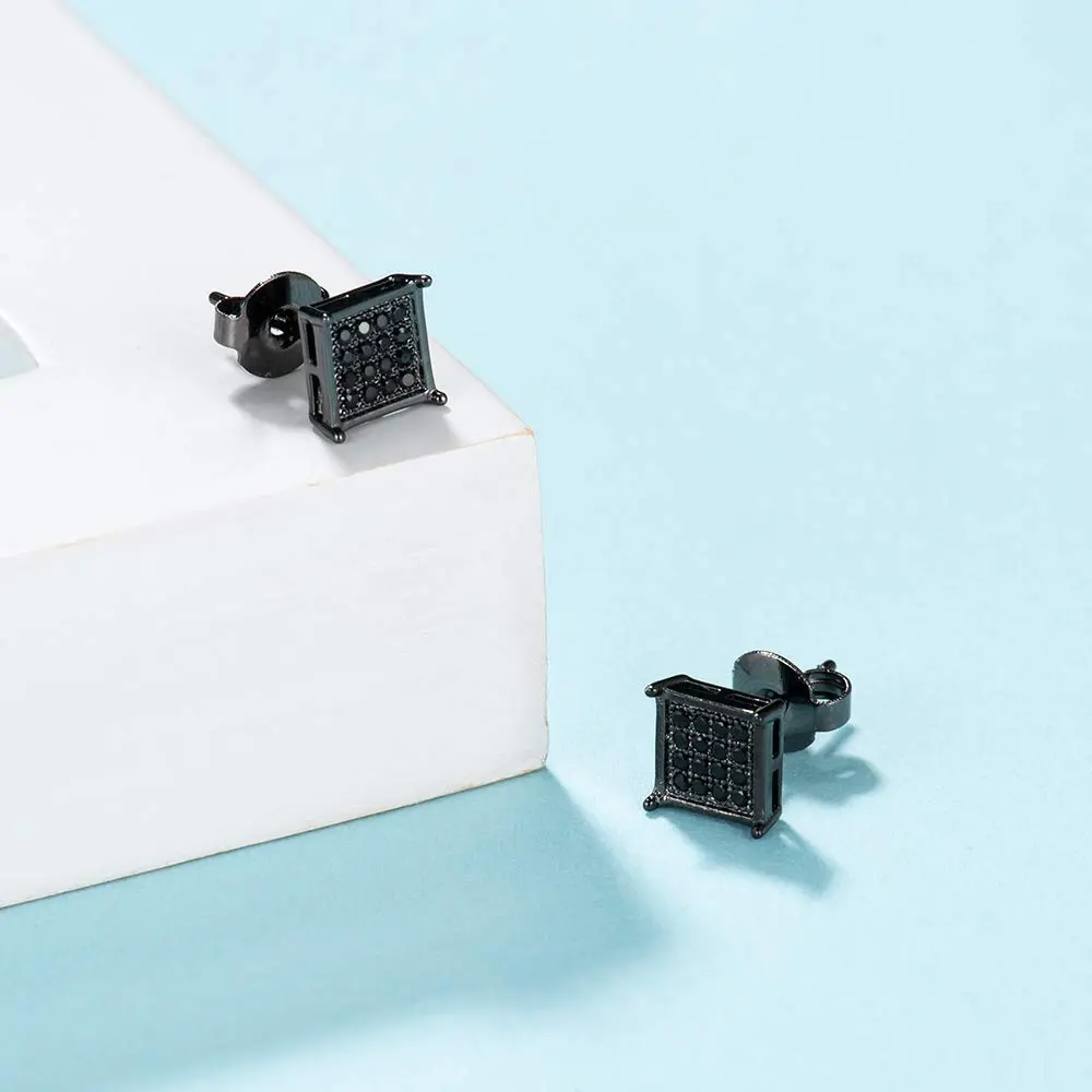 Tarsus 7mm Mens Square Earrings Black Stud Diamond Crystal | Stainless Steel - view 4