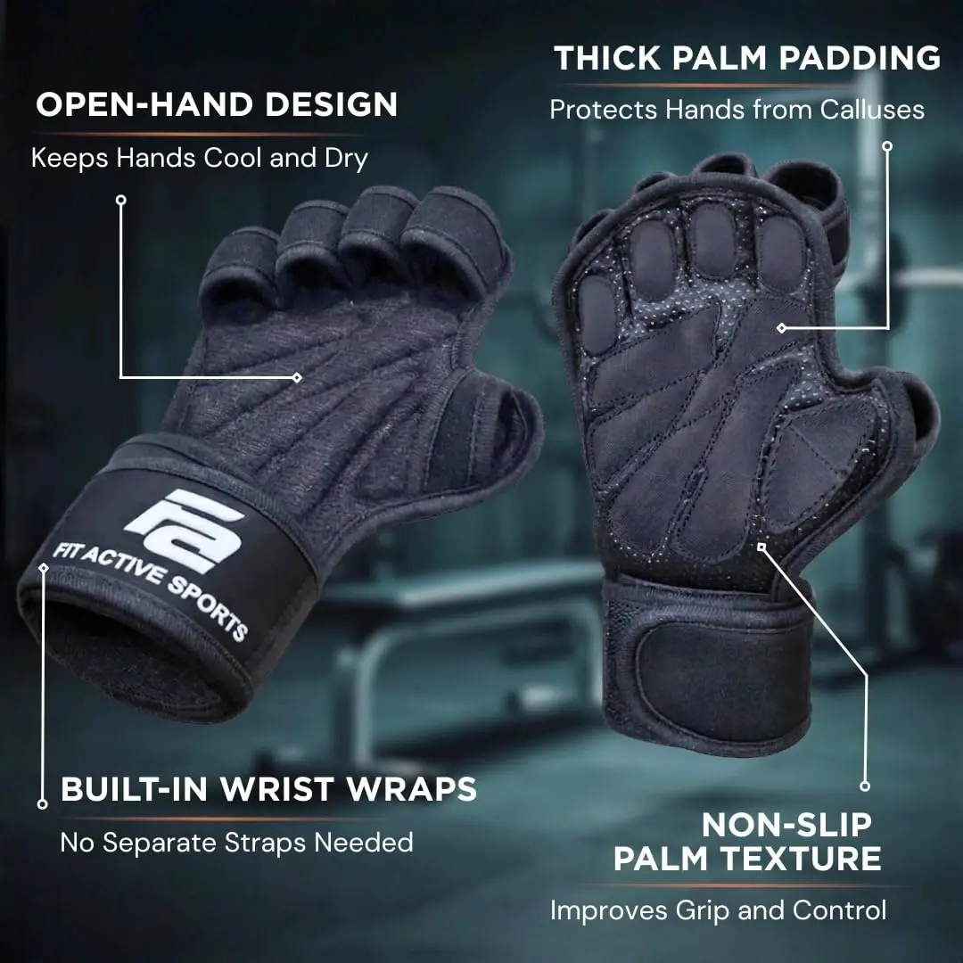 Fit Active Sports Ventilated Workout Gloves with Built-In Wrist Wraps, XS | Full Palm Protection & Wrist Support - view 3