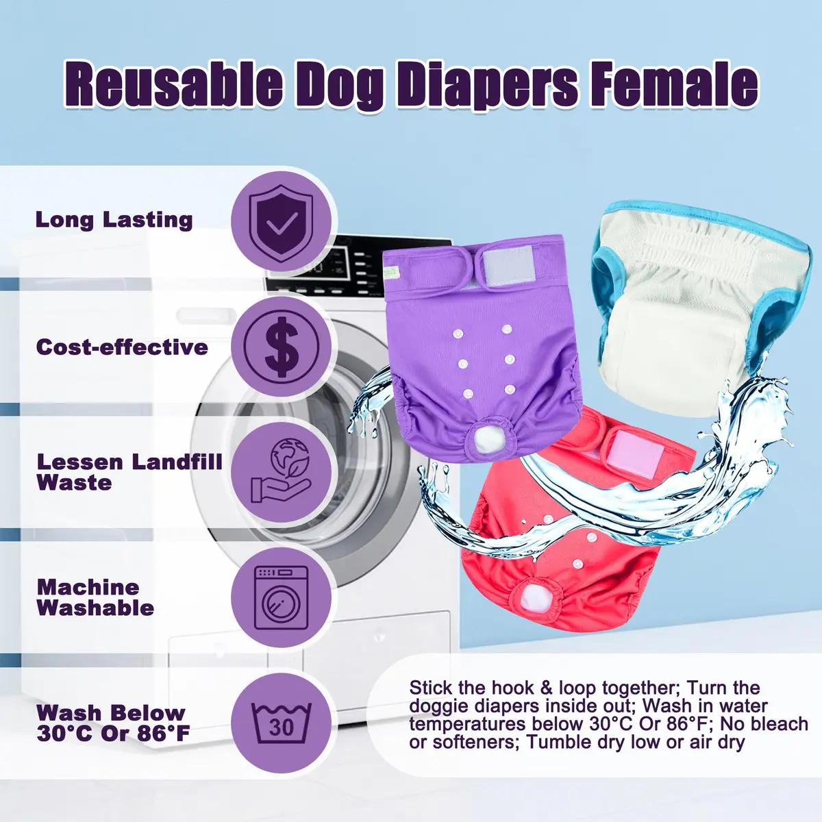 wegreeco Washable Female Dog Diapers Pack of 3 | Large, Extra Large & XX-Large, Reusable & Comfortable (70-120c) - view 6